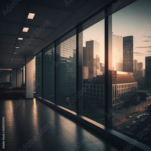 A sleek and modern office building, with floor-to-ceiling windows overlooking a bustling cityscape