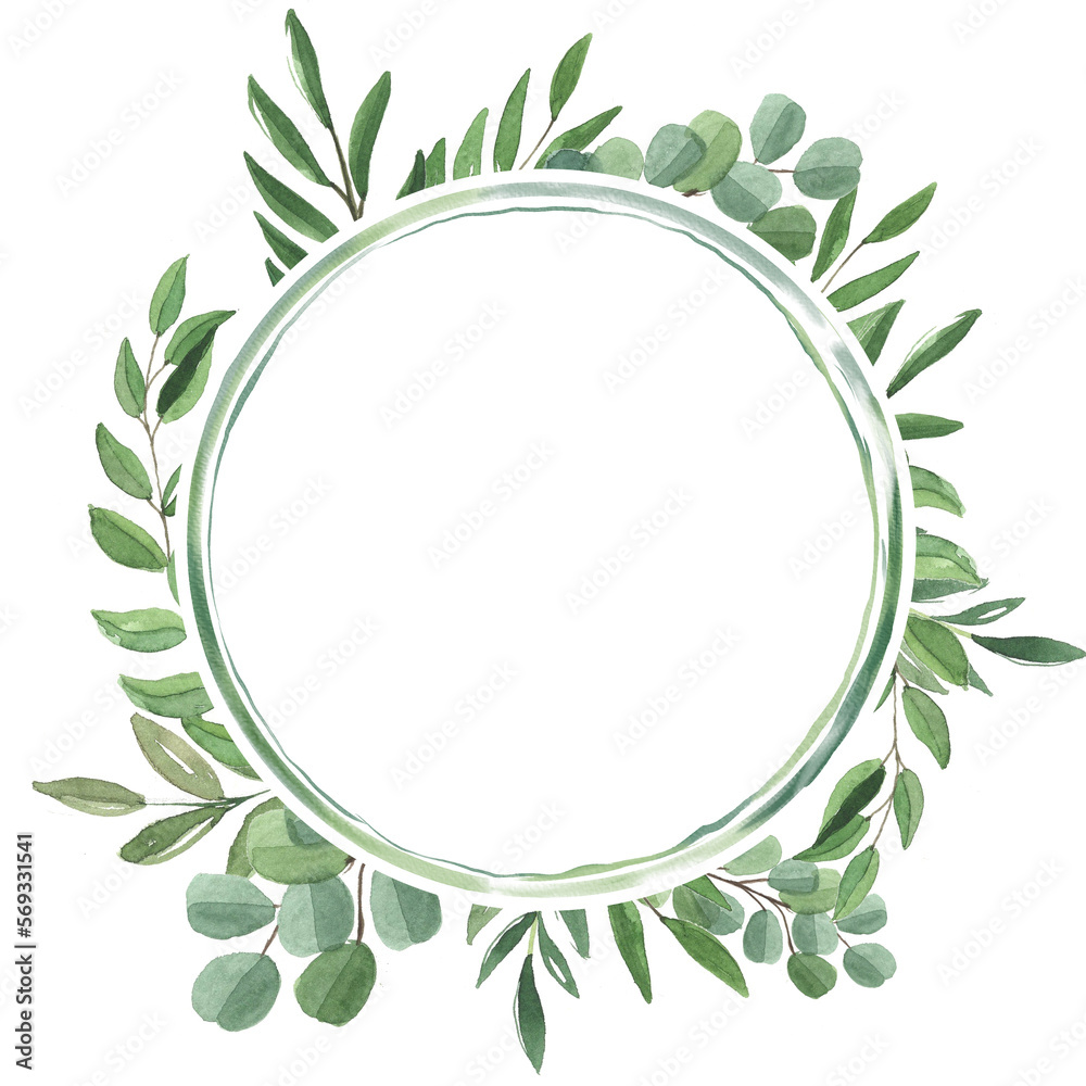 Watercolor frame with tropical olive and eucalyptus branches. Greenery. Succulent. Floral Design element. Perfect for invitations, cards, prints, posters
