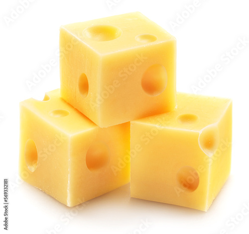 Pyramid of Emmental cheese cubes isolated on white background.