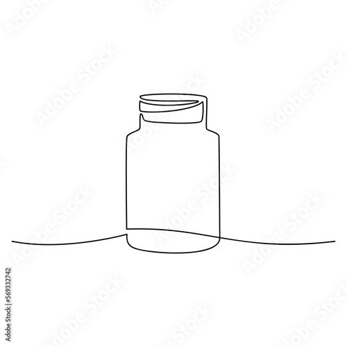 Medicine container, pill bottle, vitamins and supplements jar. Pharmaceutical packaging. One line continuous drawing vector illustration. Health care product, medical concept.
