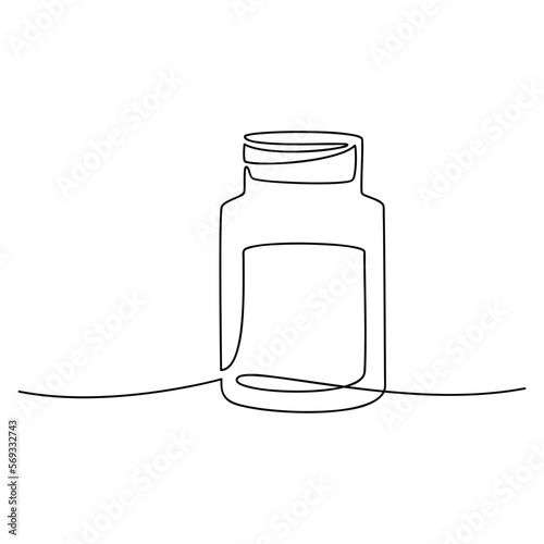 Medicine container, pill bottle, vitamins and supplements jar. Pharmaceutical packaging. One line continuous drawing vector illustration. Health care product, medical concept.