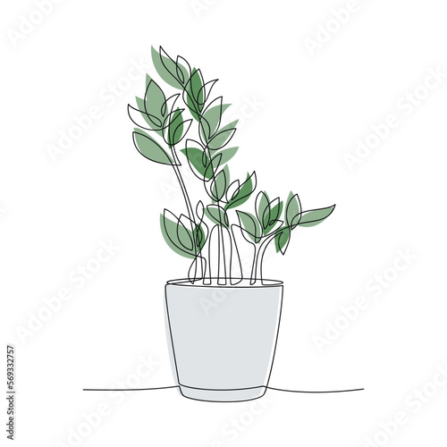 House plant in pot one line continuous drawing vector illustration. Hand drawn linear icon. Green leaves silhouette. Minimal design, print, banner, card, wall art poster, logo.