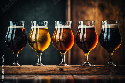 Glasses of different types of draught beer in a pub. Illustration Generative AI photo