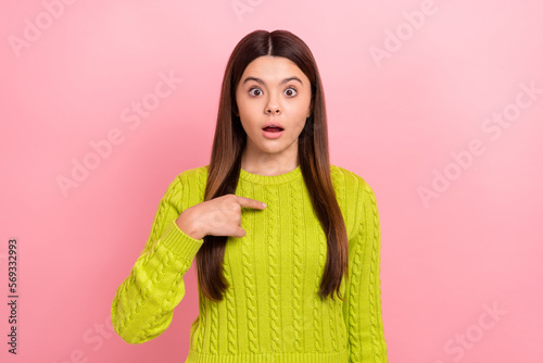 Bilde på lerret Photo portrait of pretty young schoolgirl finger point self astonished dressed s