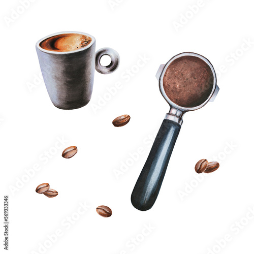 Watercolor coffee horn illustration with coffee beens and cup of espresso. Hand painting on a white isolated background. For designers, menu, shop, bar, bistro, restaurant, for postcards, wrapping