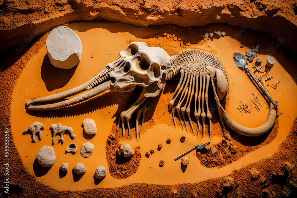 Archeologists discover fossil skeleton dinosaur tyrannosaurus in sand