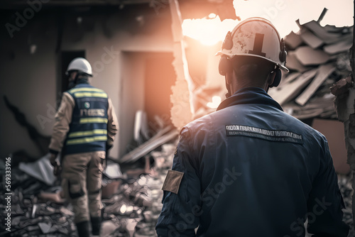Rescue service man in helmet clears rubble of house after natural disaster. Concept Earthquake. Generation AI