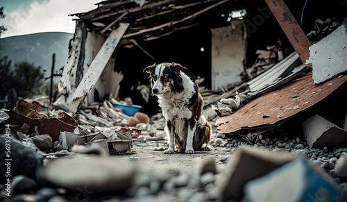 Alone Pet dog after Earthquake in Turkey background rubble of house after natural disaster. Generation AI photo