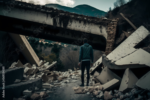 Concept Earthquake, alone man clears rubble of house after natural disaster. Generation AI © Adin