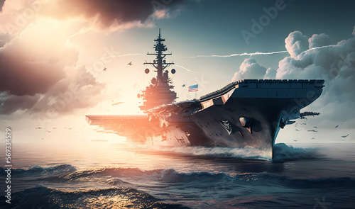 US Military navy ship carrier in water ocean with sun light. Warship of army on secret mission. Generation AI