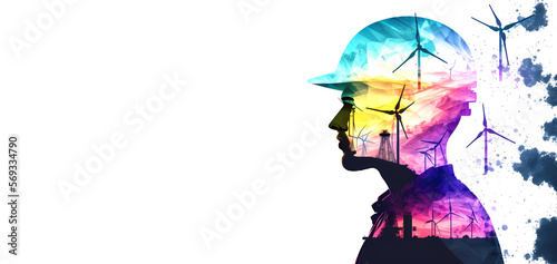 Double exposure arts, Future factory green energy industry concept. Silhouette engineer worker with electric windmill for eco power. Generation AI