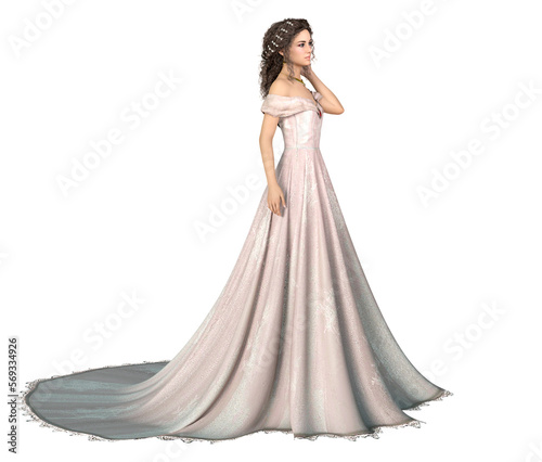 Woman standing in long formal elegant dress with train isolated. 3D rendering.