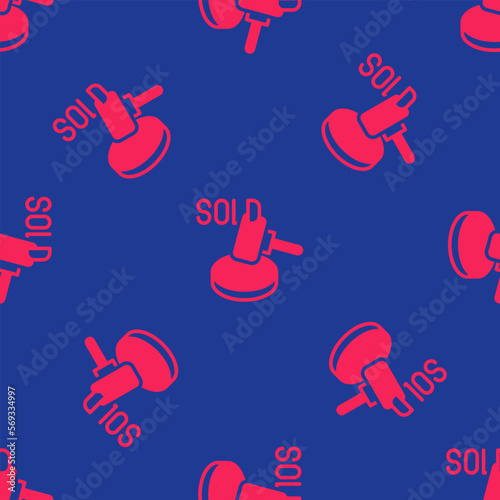 Red Auction hammer icon isolated seamless pattern on blue background. Gavel - hammer of judge or auctioneer. Bidding process, deal done. Auction bidding. Vector