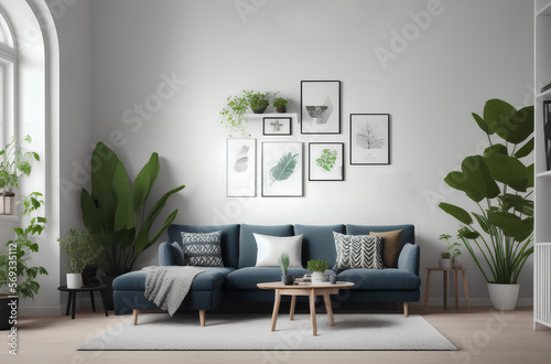 Modern interior with blue sofa, plants. Table and posters on white wall. Wooden accessories. Home decor. Generative AI