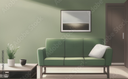 Simple sofa in living room with green wall and painting for mockup template. Home decor. Draw. Generative AI