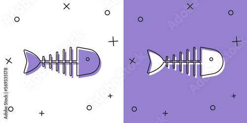 Set Fish skeleton icon isolated on white and purple background. Fish bone sign. Vector