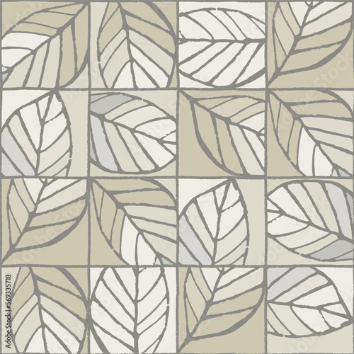 Seamless pattern with elm tree branches and leaves in Undersaturated earth tones on beige background for surface design and other design projects. Realistic line art