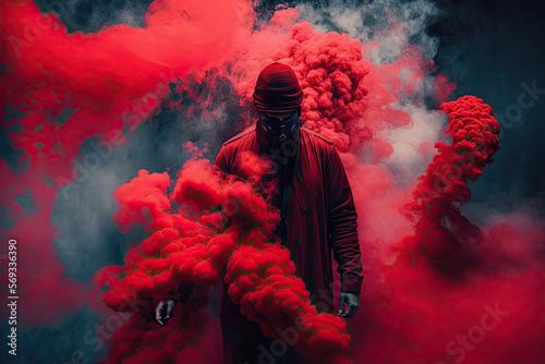 Illustration of a person in red smoke. Generative AI image.