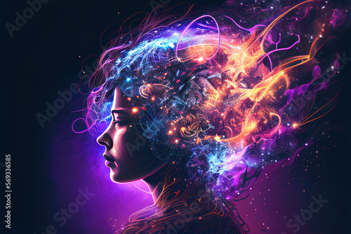 Silhouette of head with glowing neural connections. Spiritual connection with other world. Trance and hypnosis concept. Process of human thinking. Created with Generative AI