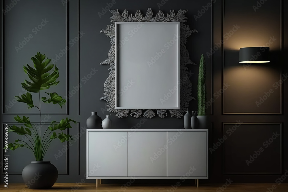 Empty Mockup frame on cabinet in living room interior on empty dark wall background. Generative AI Empty Mockup frame on cabinet in living room interior on empty dark wall background. Generative AI