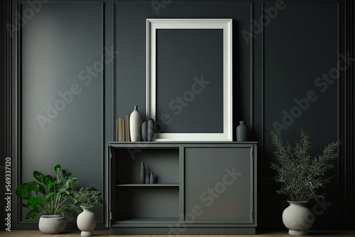 Empty Mockup frame on cabinet in living room interior on empty dark wall background. Generative AI