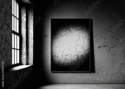 a black and white photo of a window and a painting, ambient occlusion.