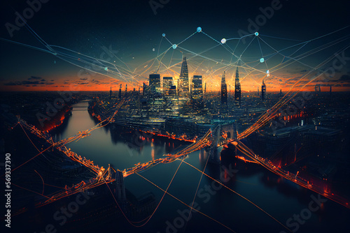City of London skyscrapers. London, banking district in city center. London skyscraper at sunset, aerial view. England, UK. Cityscape financial district. Willis Building, Tower Exchange. AI Generative