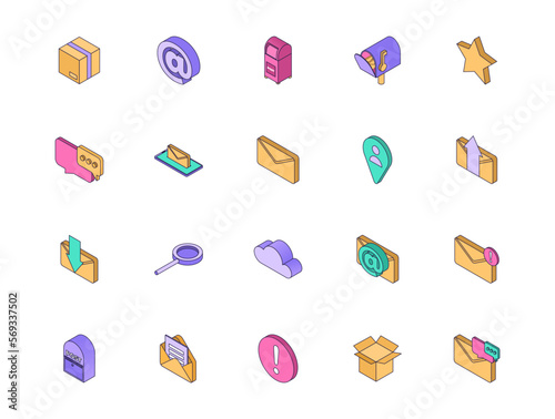 Isometric mail icons set. Email service. Correspondence postal mail Pack elements of writing letter sending and receiving envelopes, online correspondence, feedback, mail delivery. Vector illustration