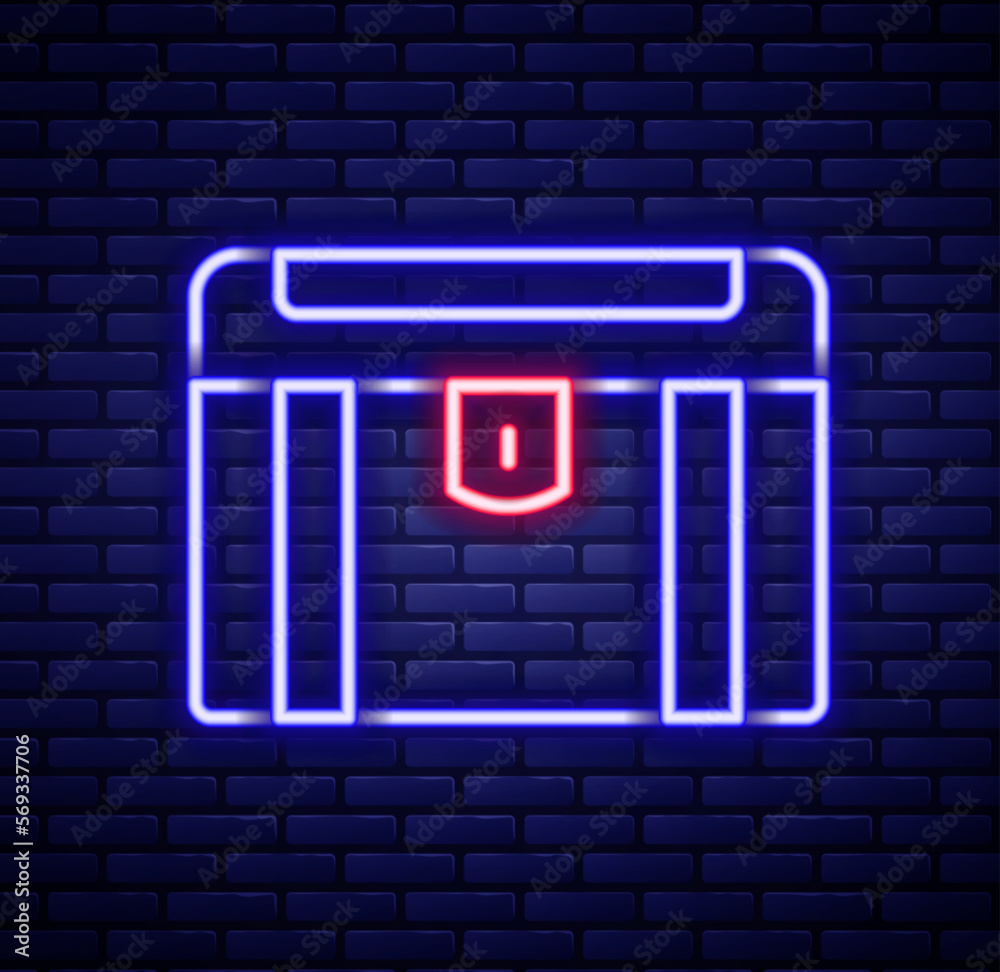 Glowing neon line Antique treasure chest icon isolated on brick wall background. Vintage wooden chest with golden coin. Colorful outline concept. Vector