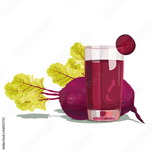 A bright juicy beetroot with a top lies near a glass beetroot juice glass with a slice. Isolated image on a beige background.
