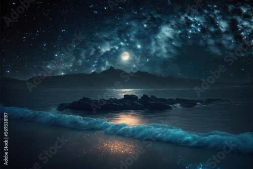 sea, beach at night, sky with stars Generative AI, Generativ, KI