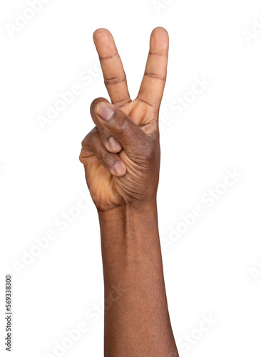 Male hand showing peace, freedom or victory sign isolated on white or transparent background