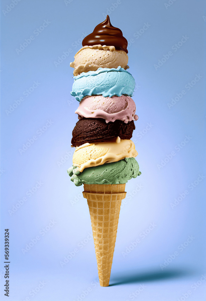Variety of ice cream balls flavor. Stacked ice cream balls with