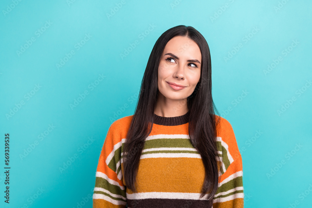 Fototapeta premium Photo portrait of thoughtful adorable woman brunette long hair wear stylish striped sweater look mockup eureka isolated on cyan color background