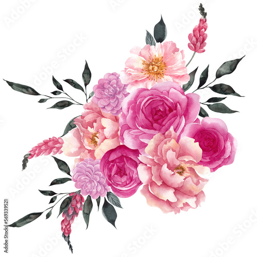 Watercolor floral illustration with colorful flowers in trendy color viva magenta  isolated on white background