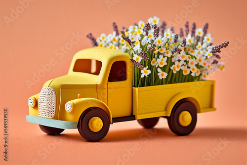 Cute toy yellow truck arriving loaded with spring flowers. Colorful spring background. Illustration AI © hd3dsh