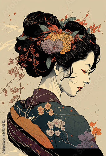 Japanese Geisha with Flowers in Her Hair - Digital Art Illustration -Generative AI