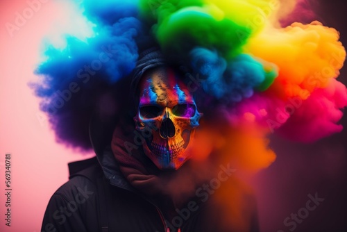 skeleton in colorful smoke
