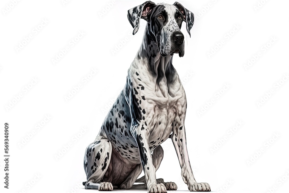 A white backdrop with a seated great dane Generative AI - obrazy, fototapety, plakaty 