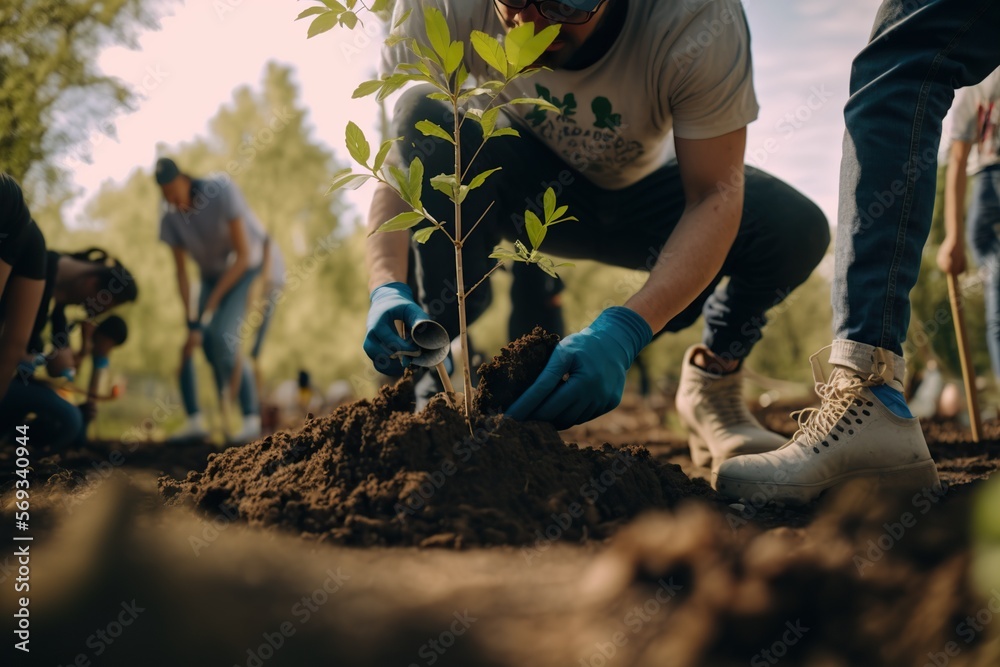 Person planting trees or working in community garden promoting local food production and habitat restoration, concept of Sustainability and Community Engagement, created with Generative AI technology - obrazy, fototapety, plakaty 
