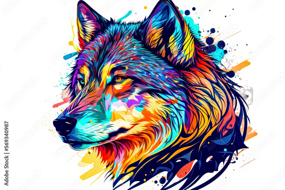 Fototapeta Wolf head with colorful paint splashes for your design