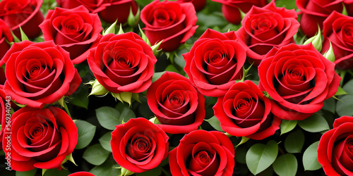 Beautiful background of red roses with green leaves. Created with Generative AI technology
