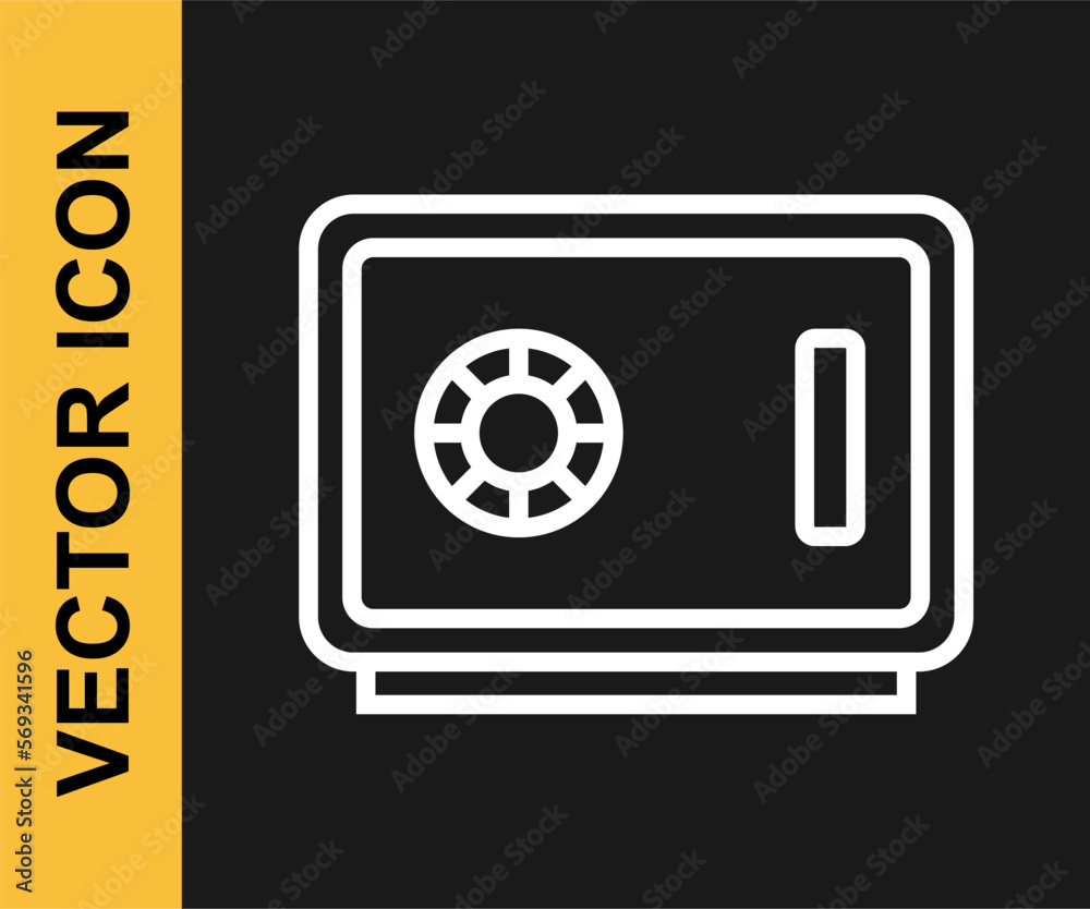 White line Safe icon isolated on black background. The door safe a bank vault with a combination lock. Reliable Data Protection. Vector White line Safe icon isolated on black background. The door safe a bank vault with a combination lock. Reliable Data Protection. Vector