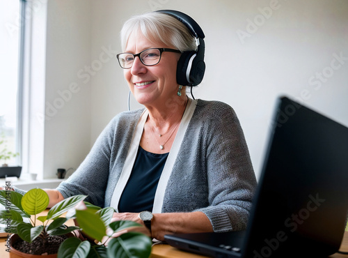 60 year old European woman, senior, working from home in front of a laptop, smiling, happy, generative ai, being on call with her team