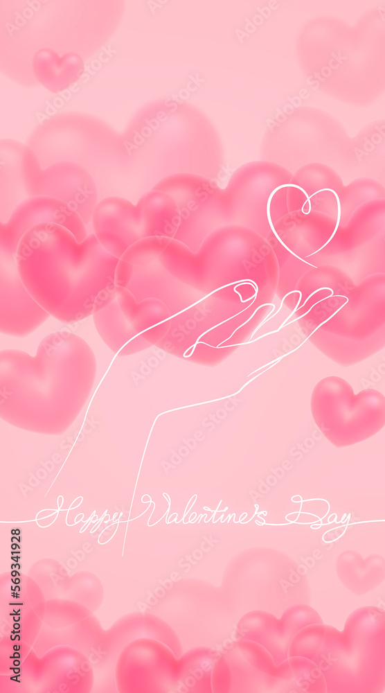 Vertical banner for Valentine's Day. Calligraphic inscription and silhouette of a female hand on a background of pink hearts. Pink translucent flying hearts