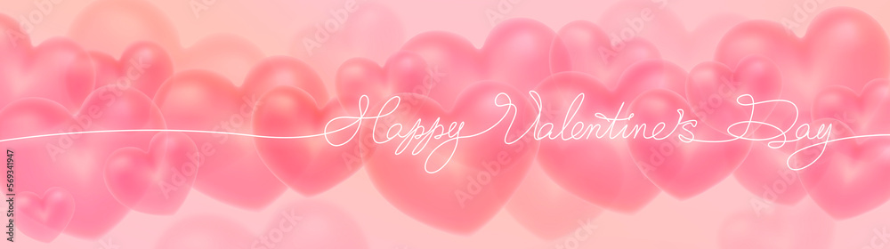 Valentine's Day banner, calligraphic inscription on the background of pink hearts. Pink translucent flying hearts