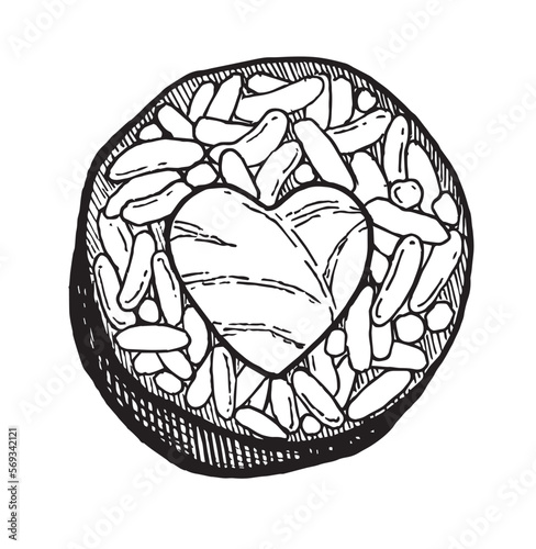 Graphic vector black and white image of sushi roll with salmon, for the design of kitchen items, menus and dishes; sticker, postcard