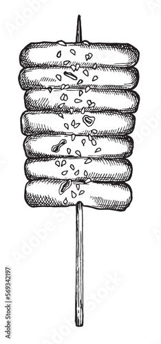 image of a kebab of topkoke in spicy sauce and sesame, traditional Asian food, street food; sticker, postcard, coloring