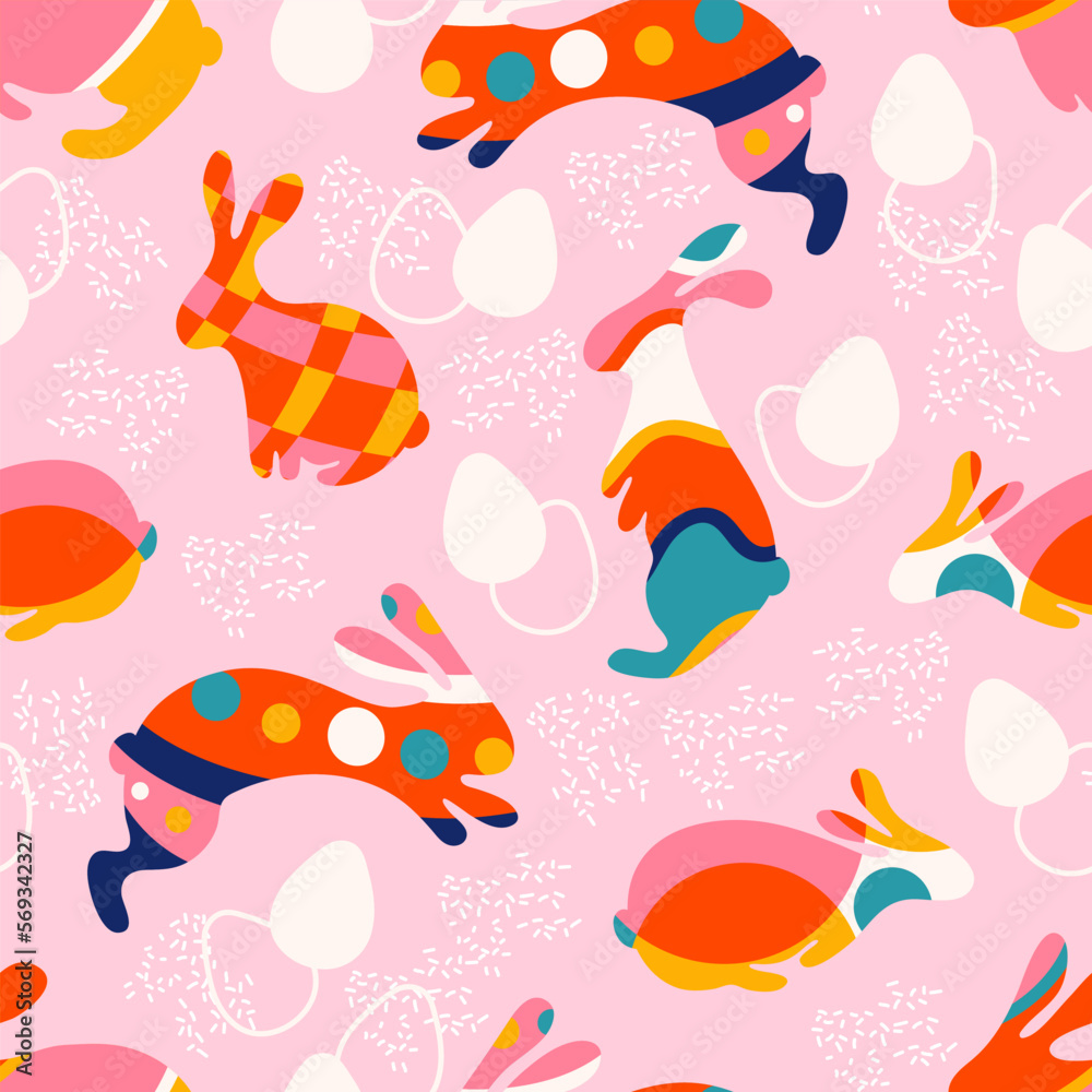 Seamless pattern with Easter bunnies. Standing, jumping, sitting rabbits decorated with geometric patterns. Easter eggs and hand drawn texture Vector illustration Seamless pattern with Easter bunnies. Standing, jumping, sitting rabbits decorated with geometric patterns. Easter eggs and hand drawn texture Vector illustration
