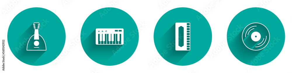 Set Balalaika, Music synthesizer, Harmonica and Vinyl disk icon with long shadow. Vector Set Balalaika, Music synthesizer, Harmonica and Vinyl disk icon with long shadow. Vector
